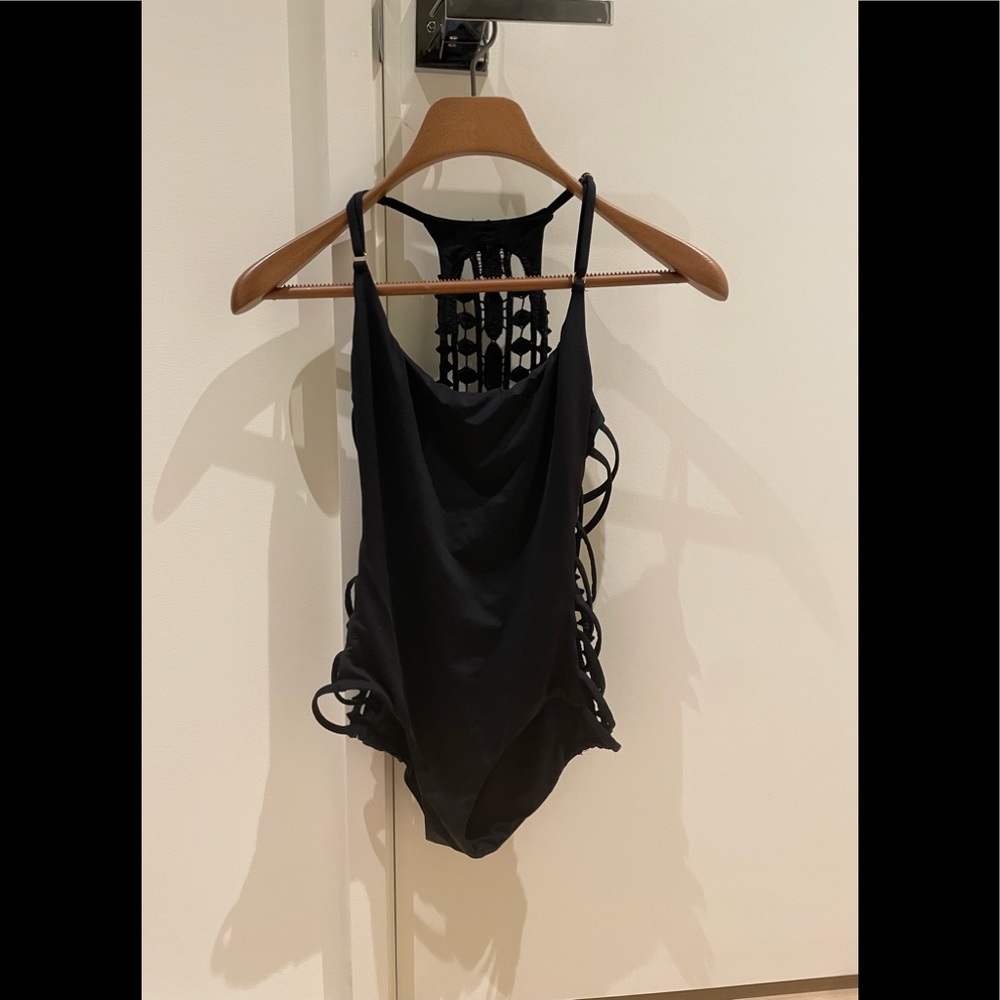 Everything but water one piece black swimsuit crochet back and cut out S